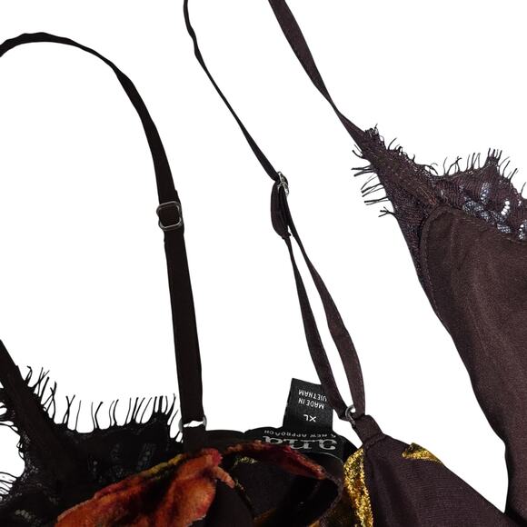 Womens Sz XL Y2K Velvet Burnout Dark Floral Lace Trim Camisole Purple Red Gold - Picture 6 of 11